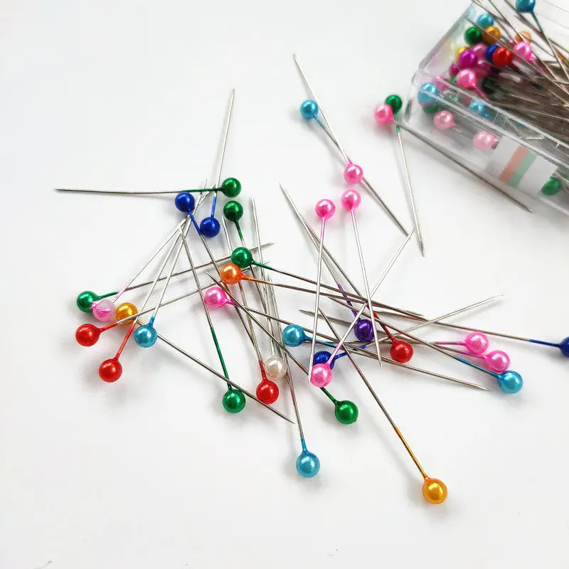 100개/박스 바느질 핀 다채로운 원형 진주 머리 바늘 직선형 푸시형 가정용 DIY 바느질 도구 포지셔닝 TMZ
