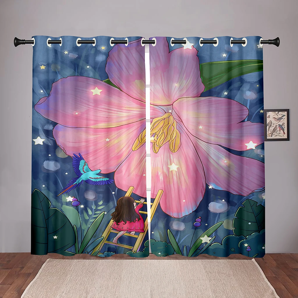 

90% Shading Thick Cartoon Flower Floral Maid Girl Blackout Window Curtains For Bedroom Living Room Bathroom Kicthen Door Hall