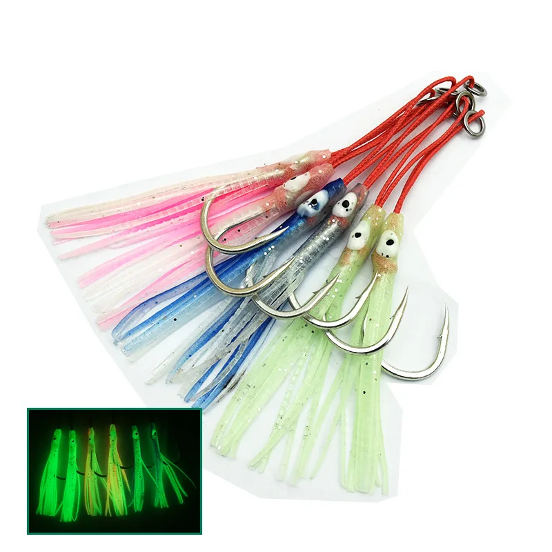 5 Paar Jig Tail Assist Haken aus Metall 10–20 # Mit PE Line Feather Solid Ring Jigging Angelhaken für 20–150 g Köder-Angelhaken – Detail 5