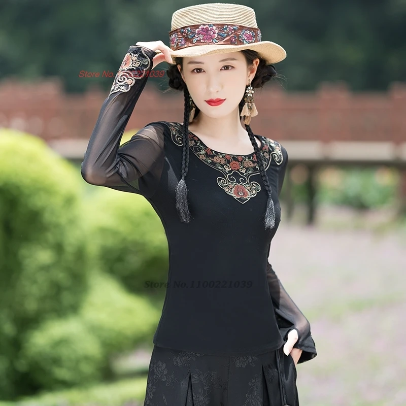 chinese traditional t-shirt national flower embroidery o-neck mesh sleeve folk shirt vintage hanfu tops retro base shirt