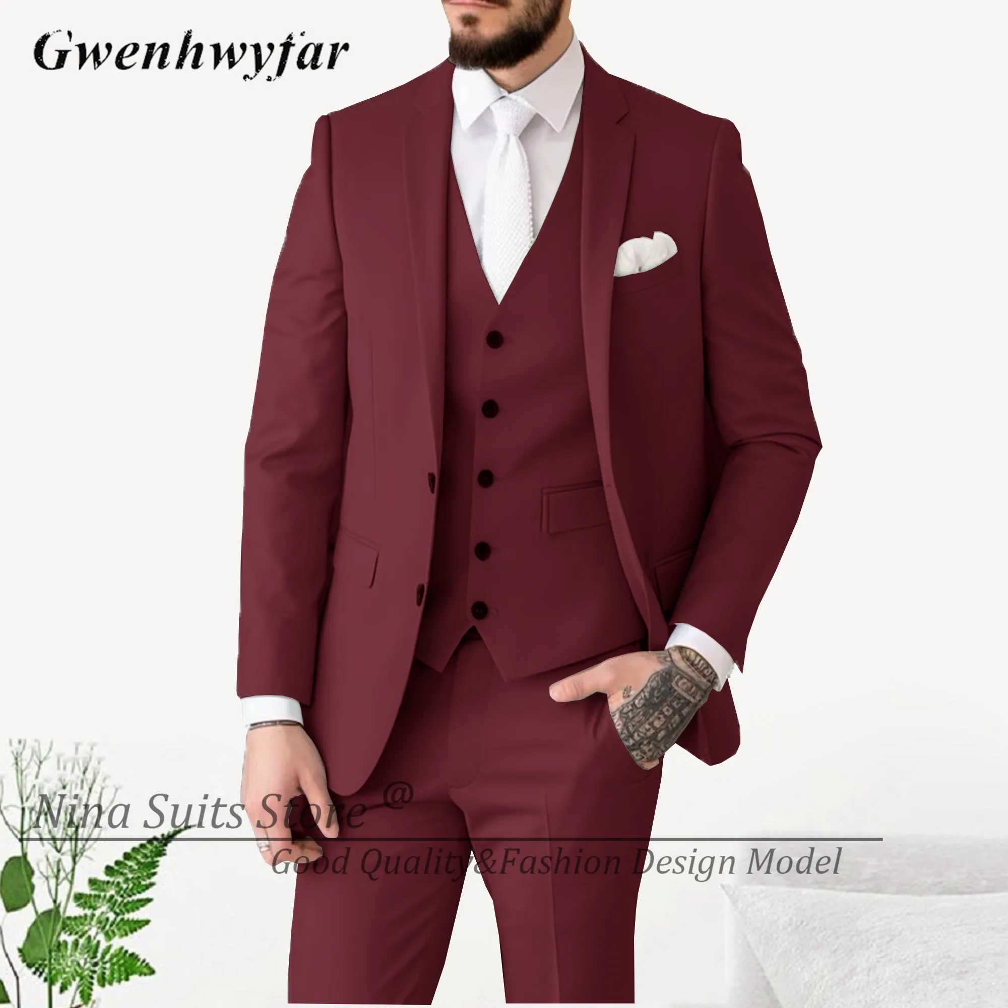 Men Two Button Suits Blazer Casual Style Business Notch Lapel Office Jacket Pant Vest Party Costume