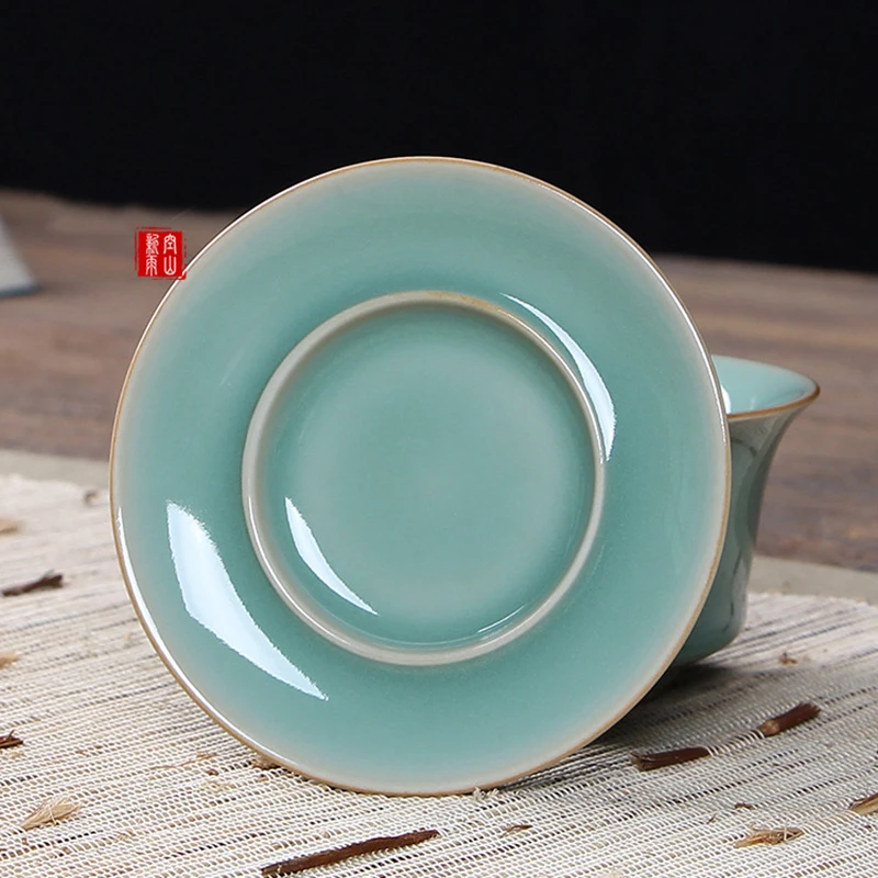 tea set Gaiwan Longquan Celadon Kung Fu Tea Set Three Talents Ge Kiln Open Slices Ceramic Tea Bowl Hand Grab Covered Bowl