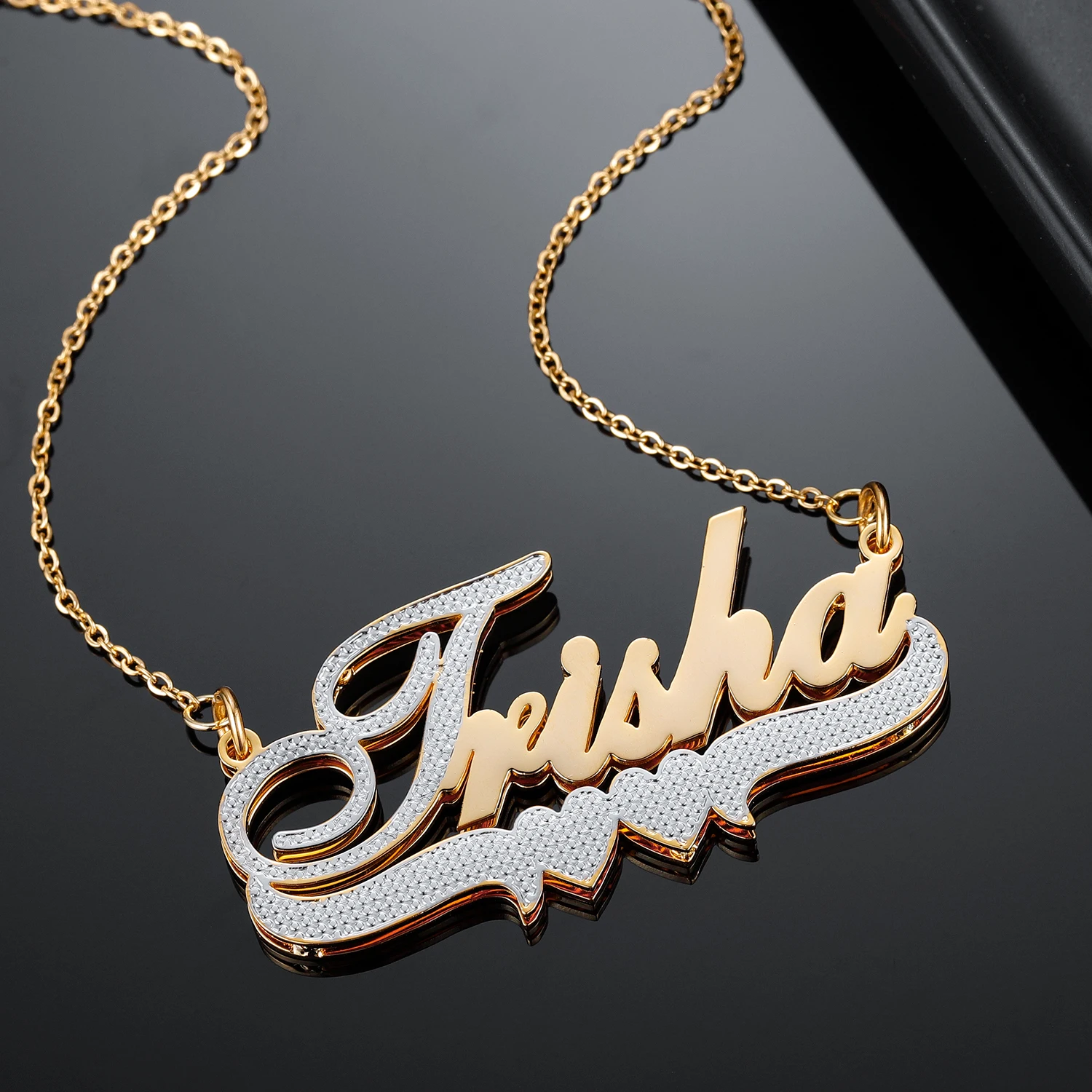 Customized Stainless Steel Gold Plated Two Tone Personalized Name Necklace With Heart Double 3D Name Necklace For Women Jewelry