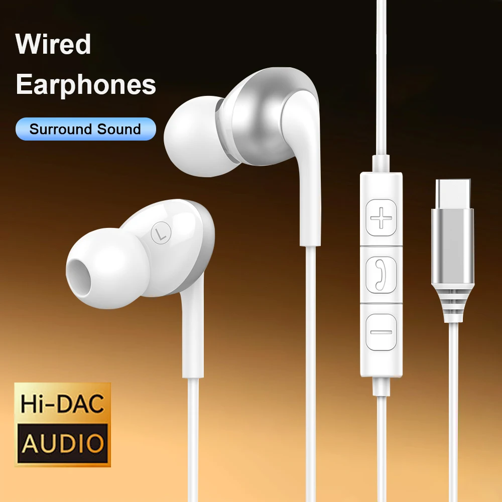 USB Type C Wired Earphones with HiFi Bass and HD Mic