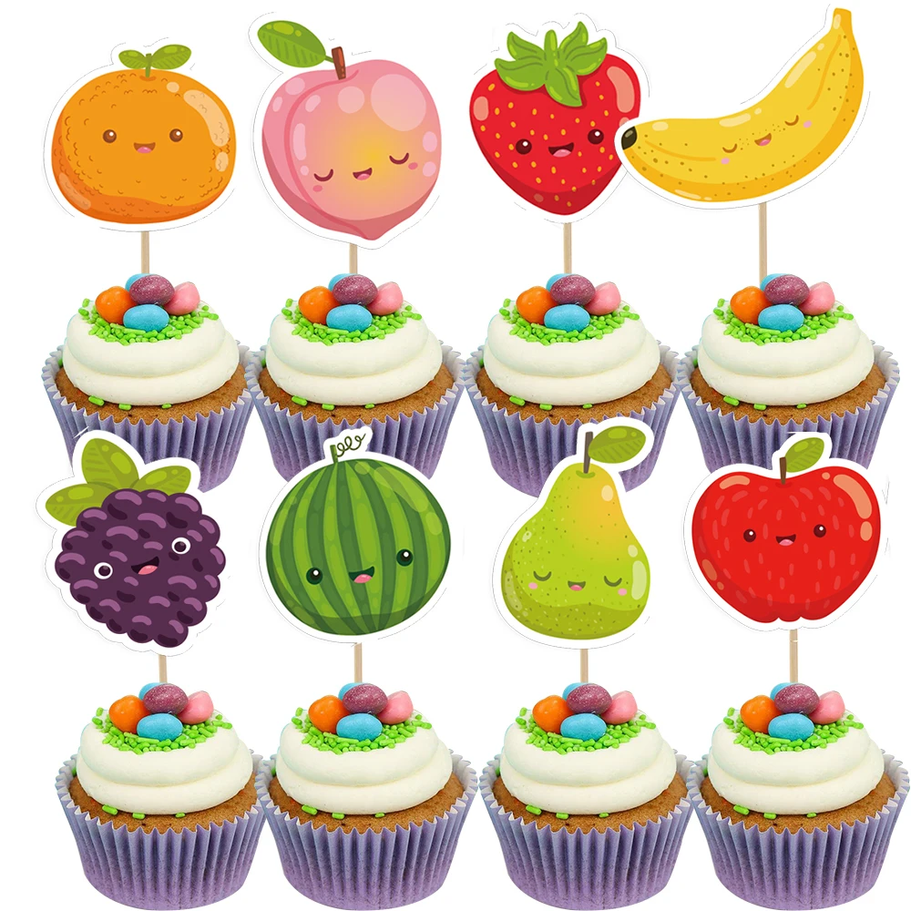 Fruit Cake Topper for Birthday Party Cakes 24Pcs 24pcs Fruits Cake Topper Strawberry Watermelon Smiling Face Cupcake Toppers for Kids Summer Fruits Birthday Party Decorations 3