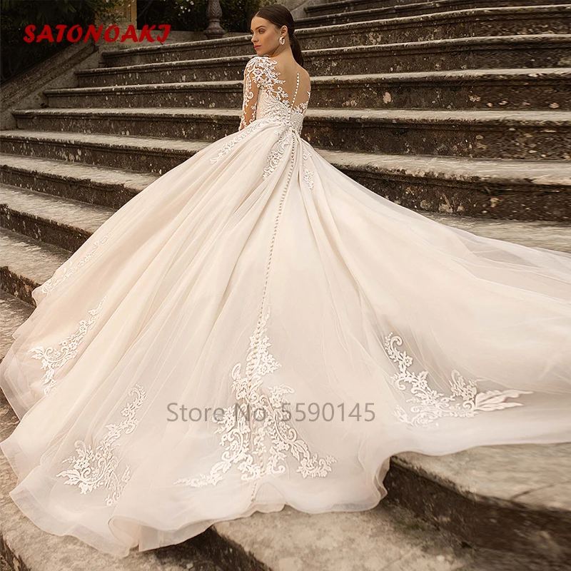 modest wedding dresses Vestidos De Novia Boho Champagne Tulle Weeding Dress 2022 A-Line V-Neck Long Sleeves Lace Applique Illusion Backless Bridal Gown bridesmaid dresses