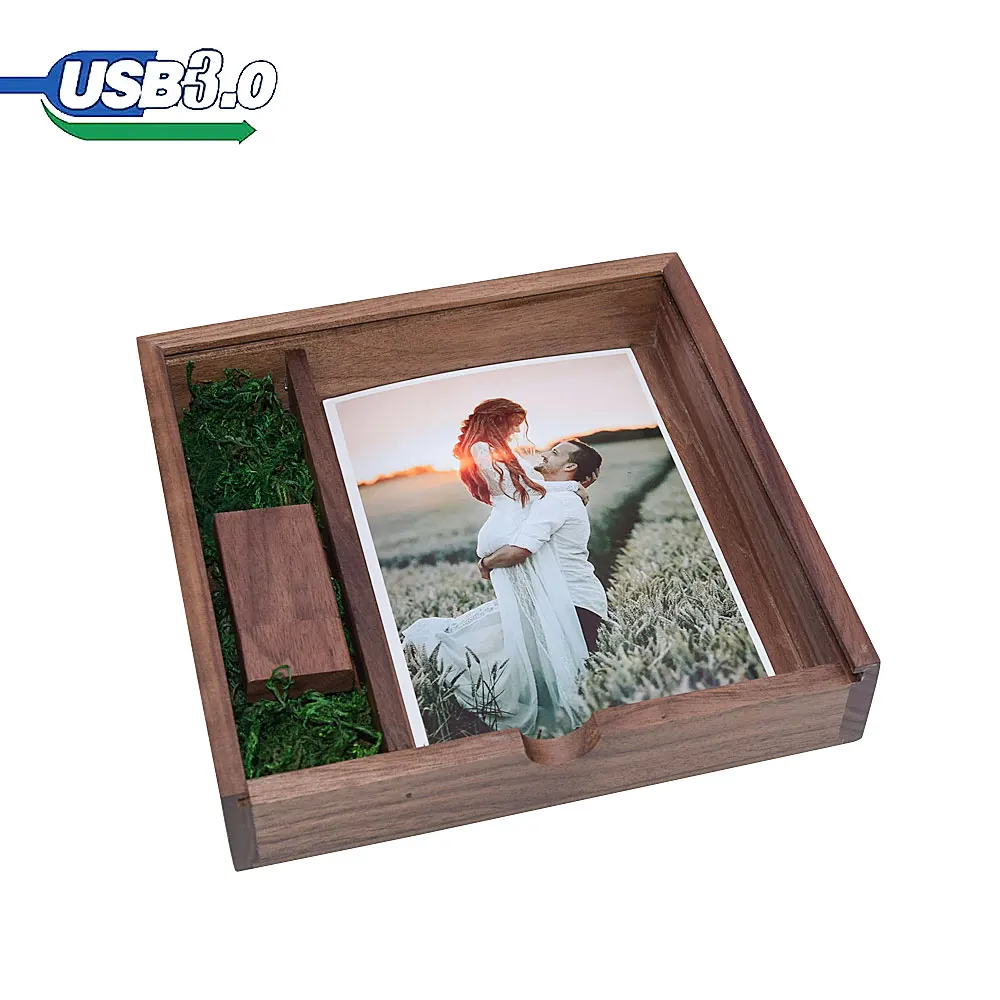 5개/세트 펜 드라이브 무료 맞춤형 로고 USB 3.0 호두나무 사진 앨범 나무 상자 USB 플래시 드라이브 128GB 사진 저장 스틱 170*170*35mm