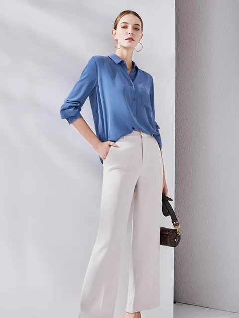 SuyaDream, Woman Solid Shirts, 100%Silk Crepe, Long Sleeved, Chest Pocket Chic Blue Blouses, 2024 Spring Summer Office Lady Top 3
