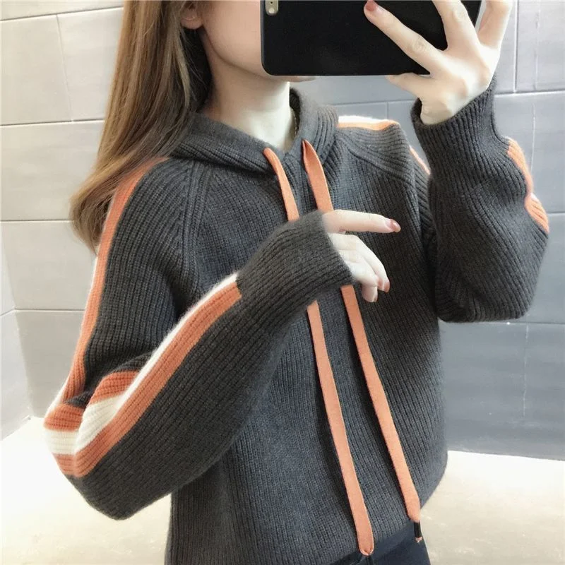 

Pullover Sweater Autumn Korean Hat Shirt Versatile Stripe Raglan Sleeve Sweater Women Hooded Knitted Sweater Loose Pullover Top