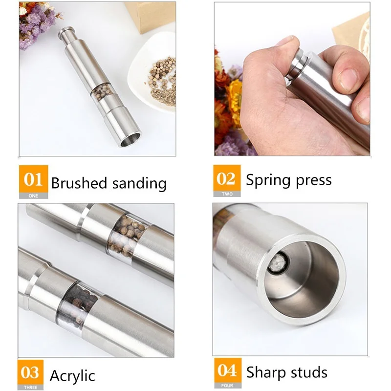 Novelty Thumb Push Pepper Mill Portable Salt Mill Manual Pepper Salt Shaker Stainless Steel Spice Grinder Barbecue Kitchen
