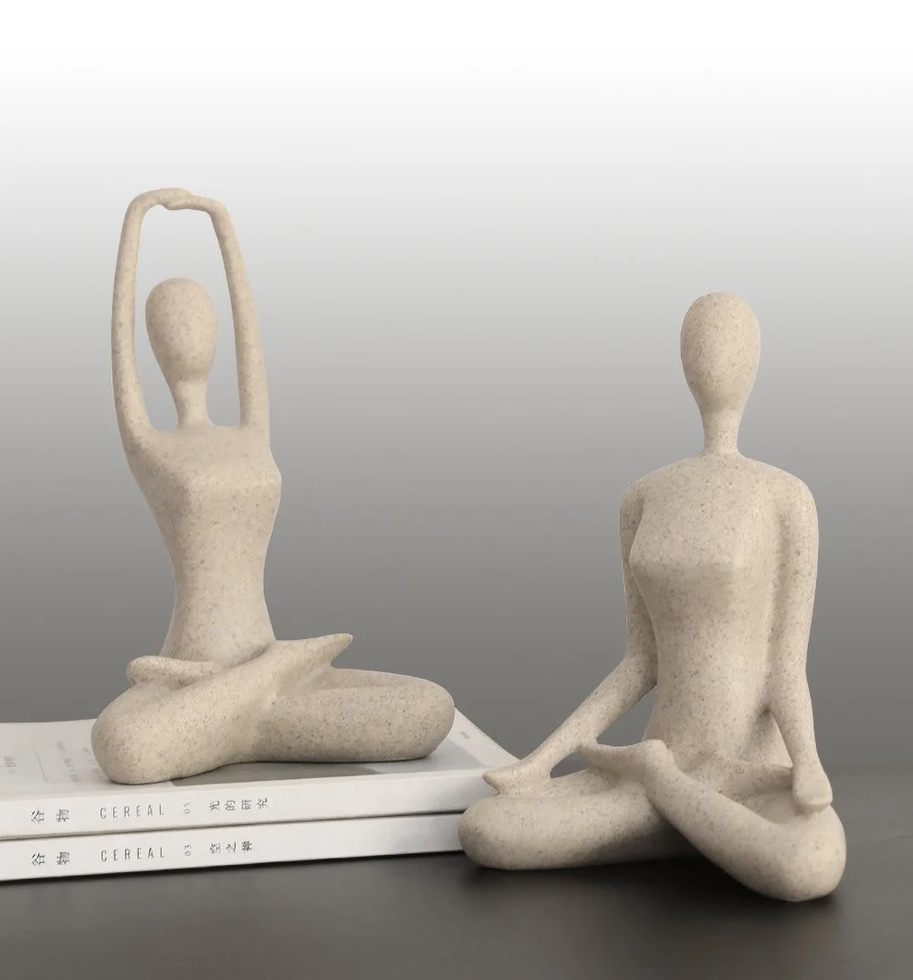 Yoga-Figur mit Sandstein-Finish, Kunstharz-Statue, nordische Zen-Meditationsskulptur für Schreibtischdekoration, Ornament mit minimalistischer Steinstruktur – Detail 8