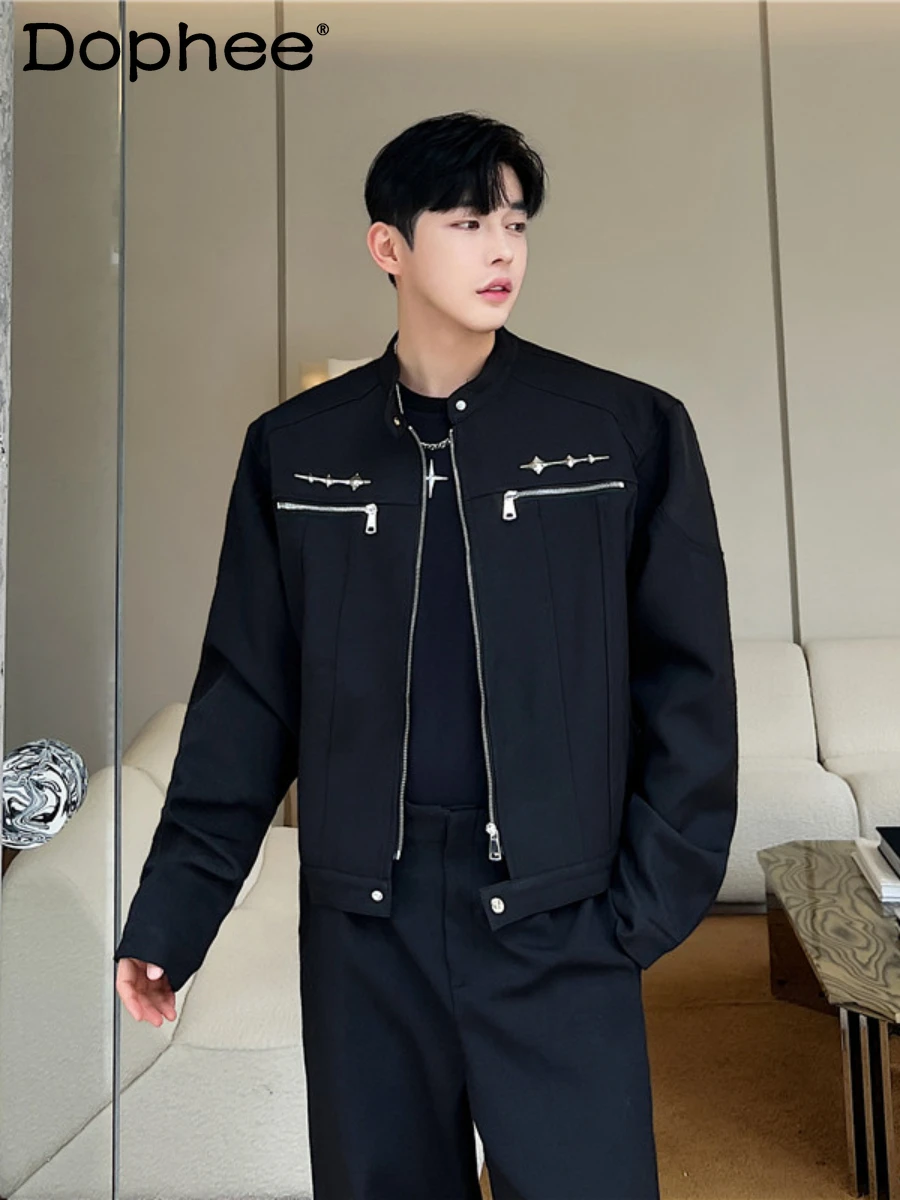 Fashionable New Spring 2024 Small Stand Collar Jackets Men's Metal Zipper Decorations Casual Trendy Male Long Sleeve Coats european style cream tissue box desktop paper clip dispenser storage napkin box storage decorations lifting spring paper box