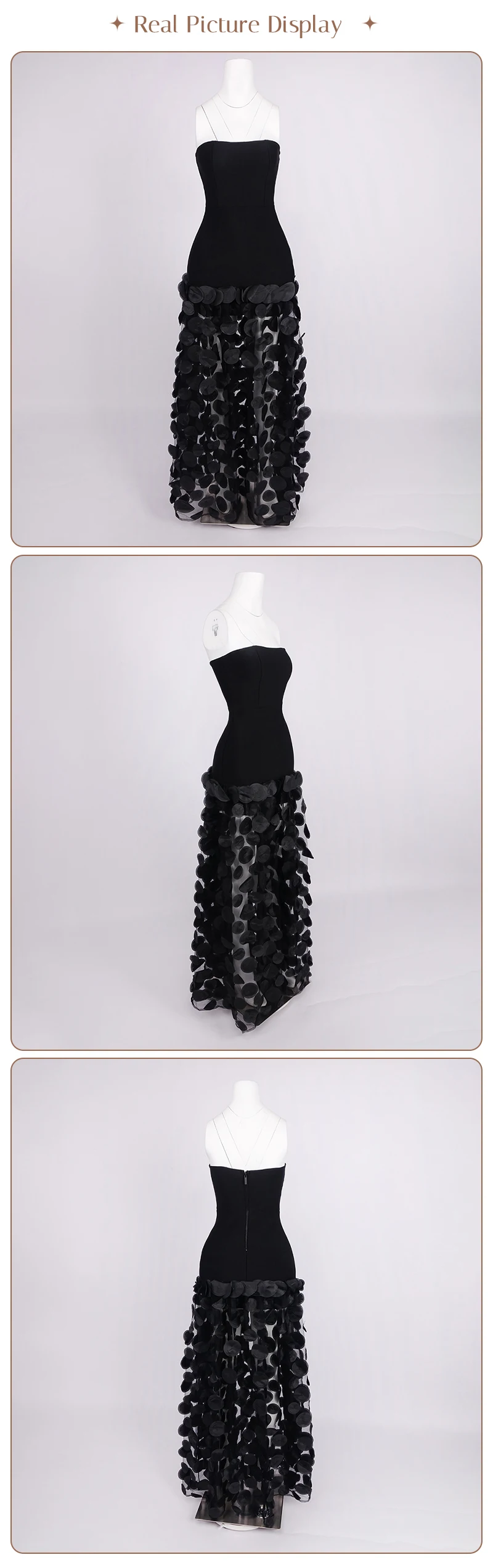 PB Damen Schulterfreies Spitzen-Verband-langes Ballkleid mit 3D-Kreisverzierungen, Netz-Patchwork, rückenfrei, Party-Abendkleid – Detail 24