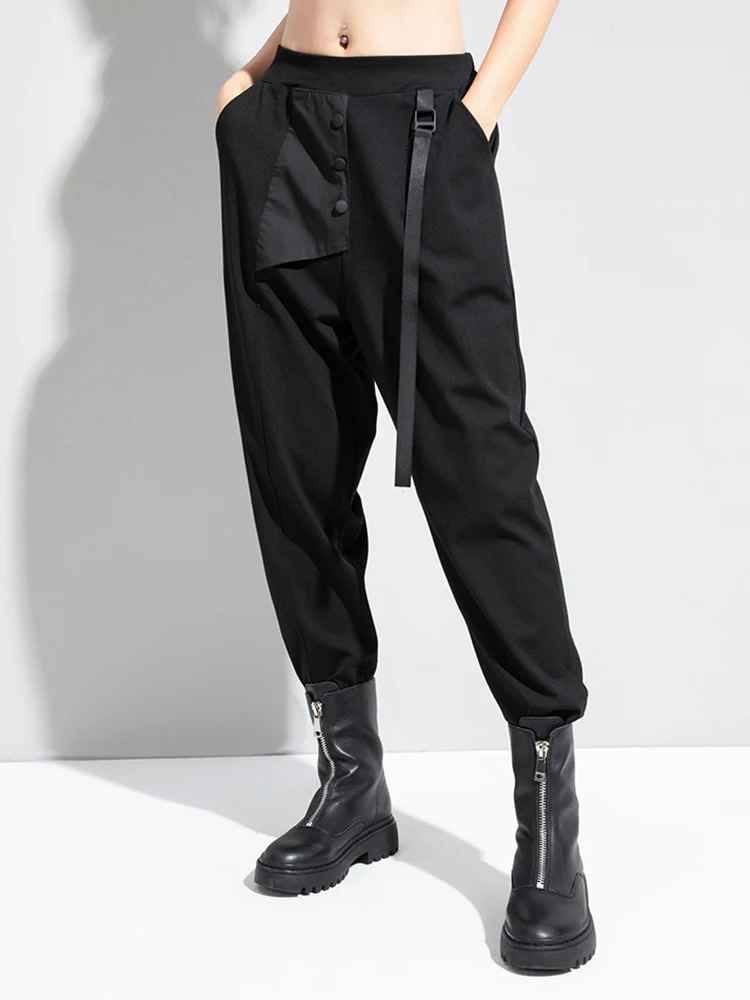 [EAM] High Elastic Waist Black Ribbon Split Harem Trousers New Loose Fit Pants Women Fashion Tide Spring Autumn 2026 1DC777