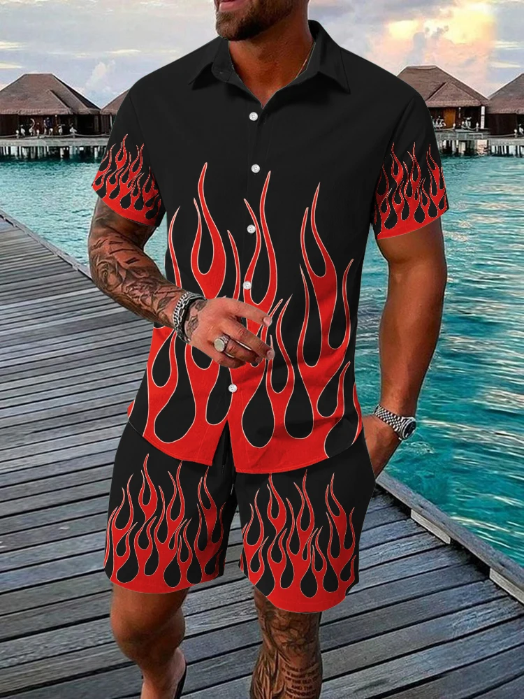 Men's Hawaiian Short Sleeve Shirt And Beach Shorts Set 3D Flame Print Beach Vacation Men Casual Shirt Summer Daily Sports Shorts 5