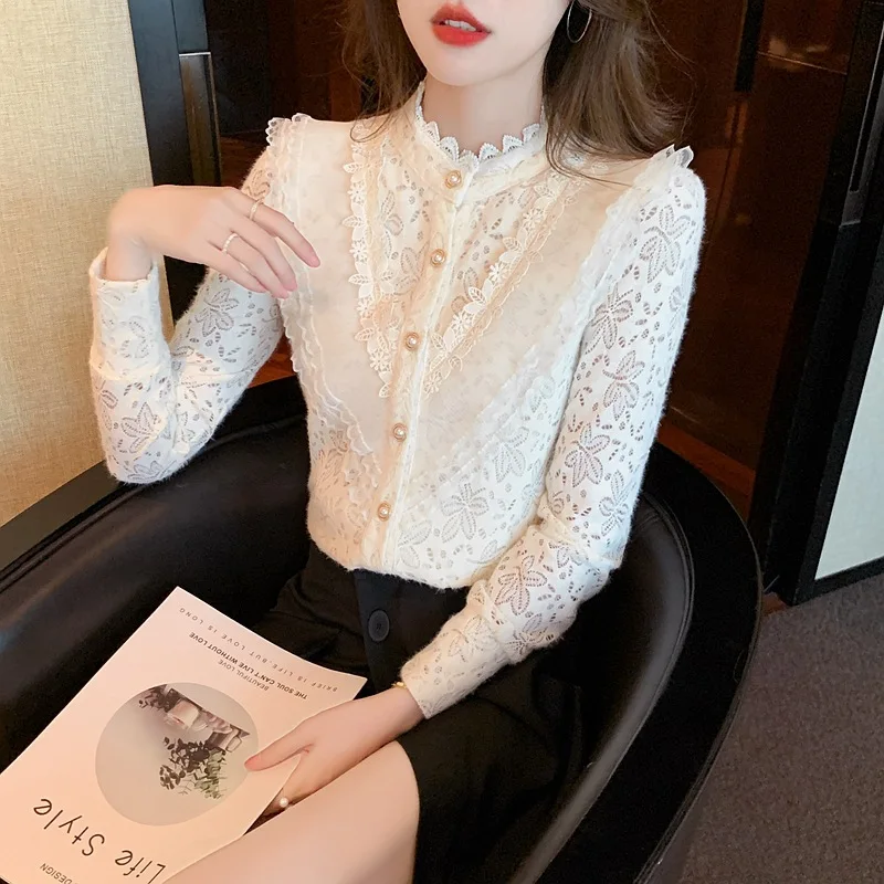 Spring and Autumn New Lace Small Stand Up Collar Women's Cardigan Long Sleeve Shirt Solid Color Embroidered Slim Casual Top