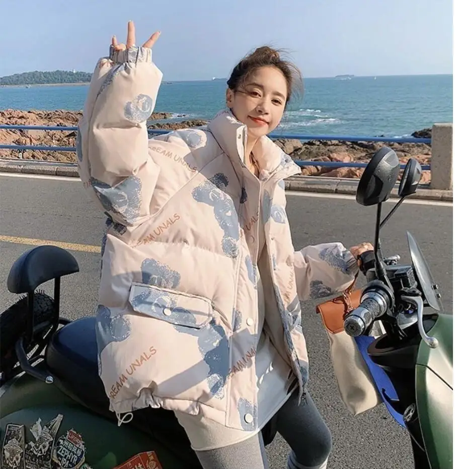 

Cartoon Printing Stand Collar Cotton-Padded Coat Women Casual Thick Parka Jacket Korean Winter Warm Clothe Girl Puffer Outwear