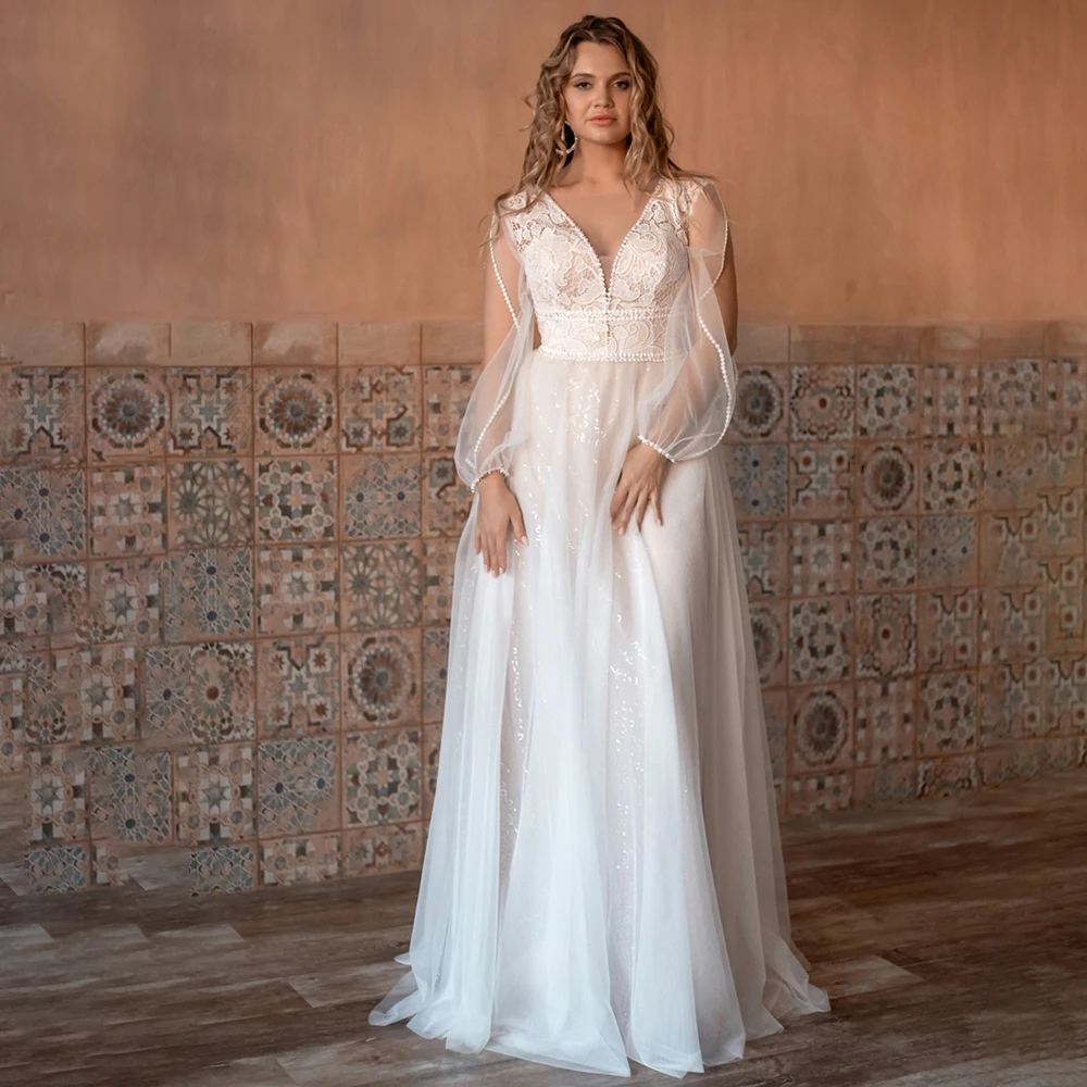 

Кружевное свадебное платье с длинным рукавом, V-образным вырезом и разрезом
