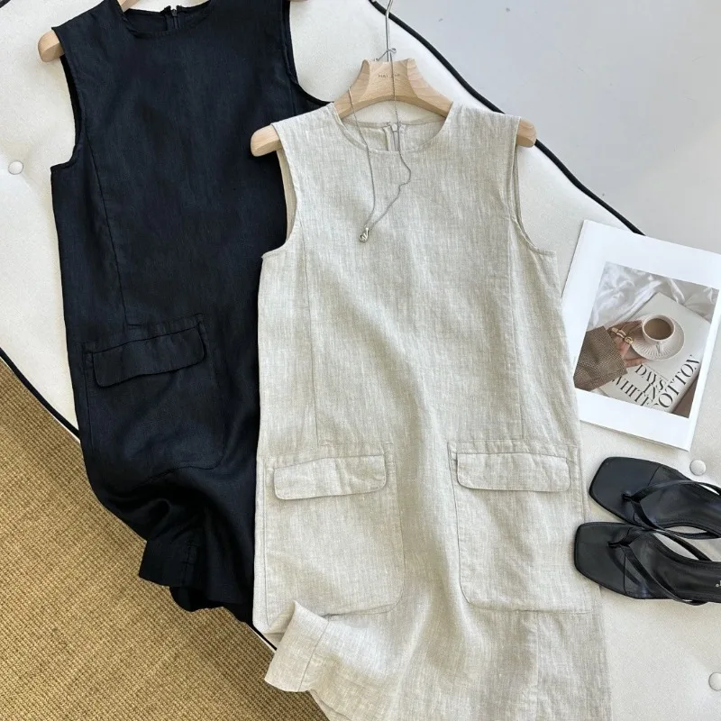 Robe mini sans manches en lin pour femme, col rond, coupe droite ample, avec grandes poches, idéale pour le camping, la randonnée et le quotidien 1 Robe mini sans manches en lin pour femme, col rond, coupe droite ample, avec grandes poches, idéale pour le camping, la randonnée et le quotidien 1