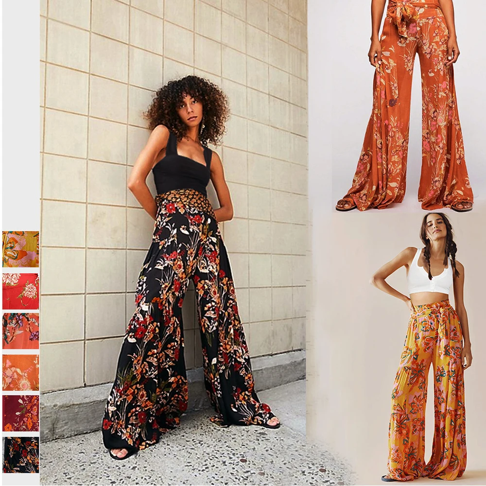 Boho Pants Women Loose Palazzo Pants Lace Up Summer Holiday Ethnic Tribal Elastic High Waist Loose Casual Trousers Beach Pant men s ancient egypt eye of horus god 3d print hoodie pants set women casual egyptian tribal clothes hoodie trousers suits