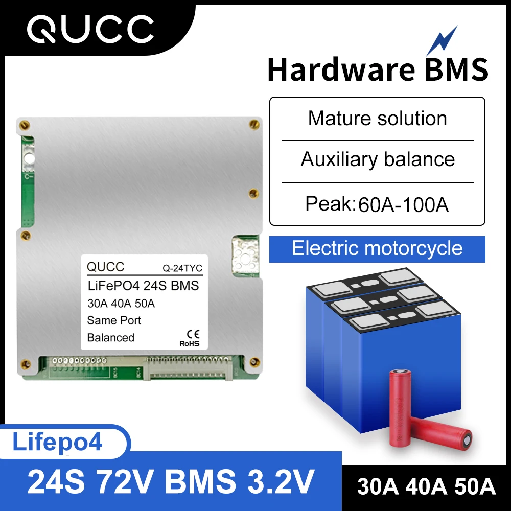 

Qucc 30A 40A 50A 24S BMS Lifepo4 72V Lithium Battery Protection Board with LED Balance Light for Ebike Controller Motor