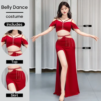 Belly Dance Professional Suit for Women 2 Pieces Set Top + Long Skirt Short Sleeves Girl's Belly Dancing Suit Practice Clothes