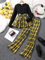 Autumn And Winter Girls’ High School Big Boy Sweet Cute Elegant Round Neck Long Sleeve&Checkered Pants Two Piece Set