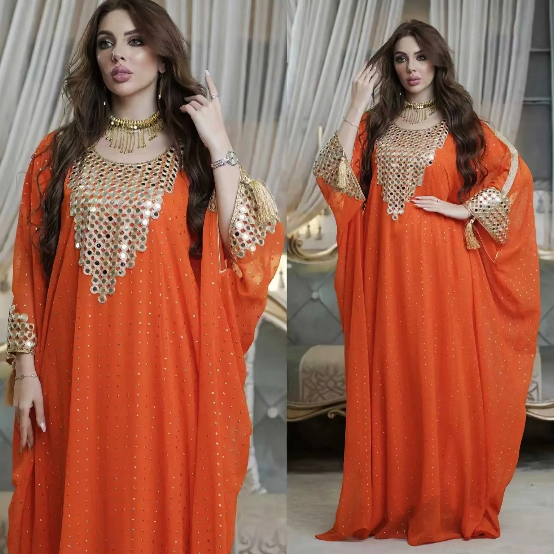 

Turkey Muslim Abaya Inner Dress Dubai 2 Piece Set Chiffon Sequins Bat Sleeve Oversized Gown Women Dresses Islam Morocco Kaftan