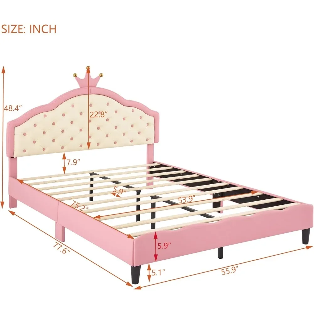 Full Size Bed Frame with CrownTufted Headboard, No Box Spring Needed, Upholstered Princess Bed Frame 2