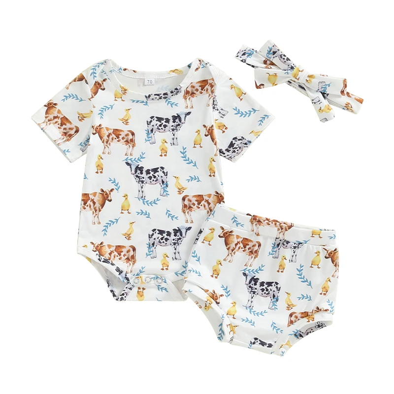 Baby Girls 3Pcs Summer Outfit Short Sleeve Cow Print Romper Shorts Headband Set Farm Clothes