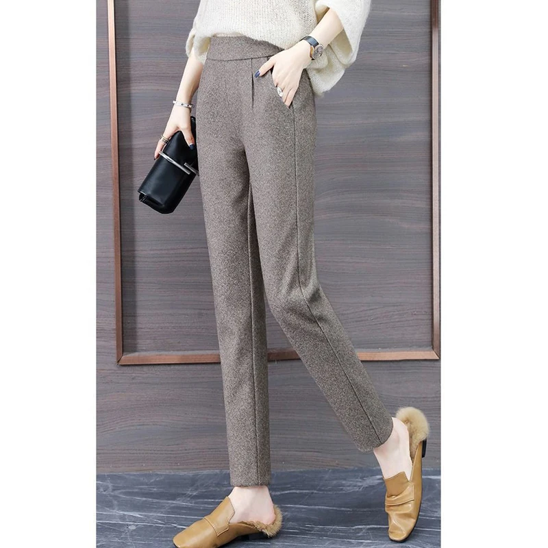 2023Winter Women Korean Fashion Woolen Elegant Pencil Pants Female Casual Solid Plush Thick Trousers High Waist Harem Pantalones