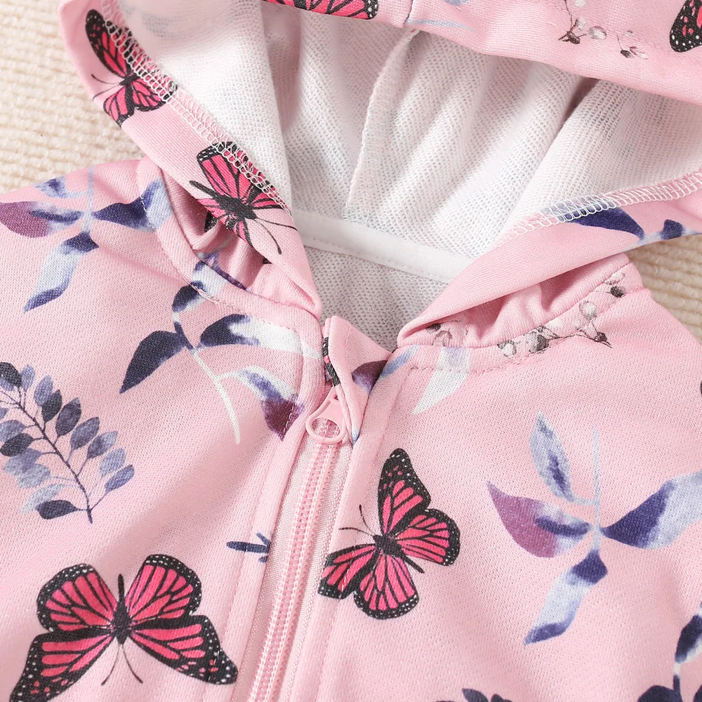 Spring Baby Girl Korean Outfit Butterfly Printed Jacket Pink Hooded Jacket