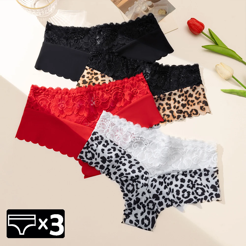Culotte en dentelle léopard pour femme, sous-vêtement sexy, couleur unie, 3 pièces 1 Culotte en dentelle léopard pour femme, sous-vêtement sexy, couleur unie, 3 pièces 1