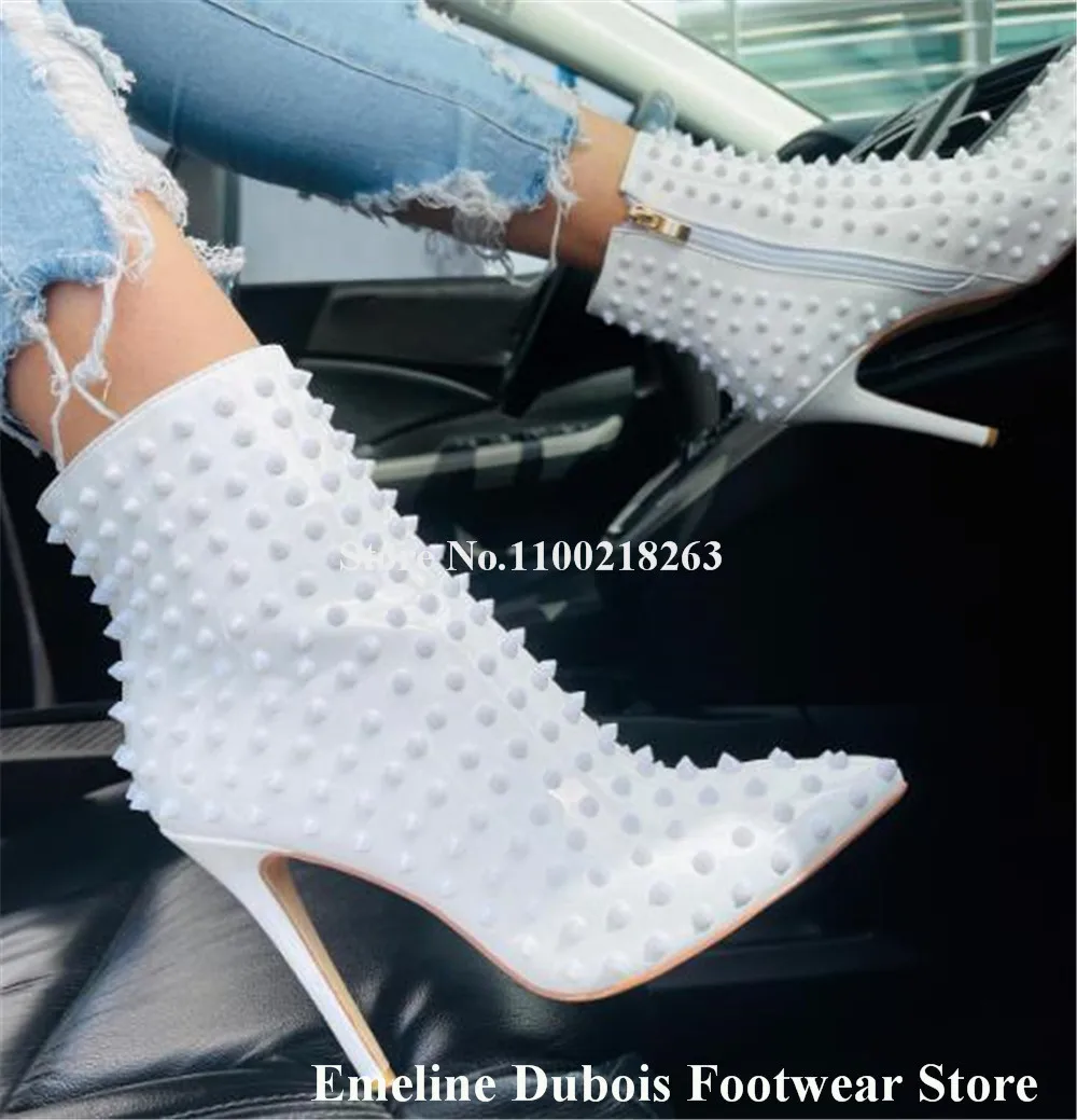 Sexy Rivets Short Boots Emeline Dubois Pointed Toe Pink Red White Studs Stiletto Heel Ankle Heels Party High Heels Boots
