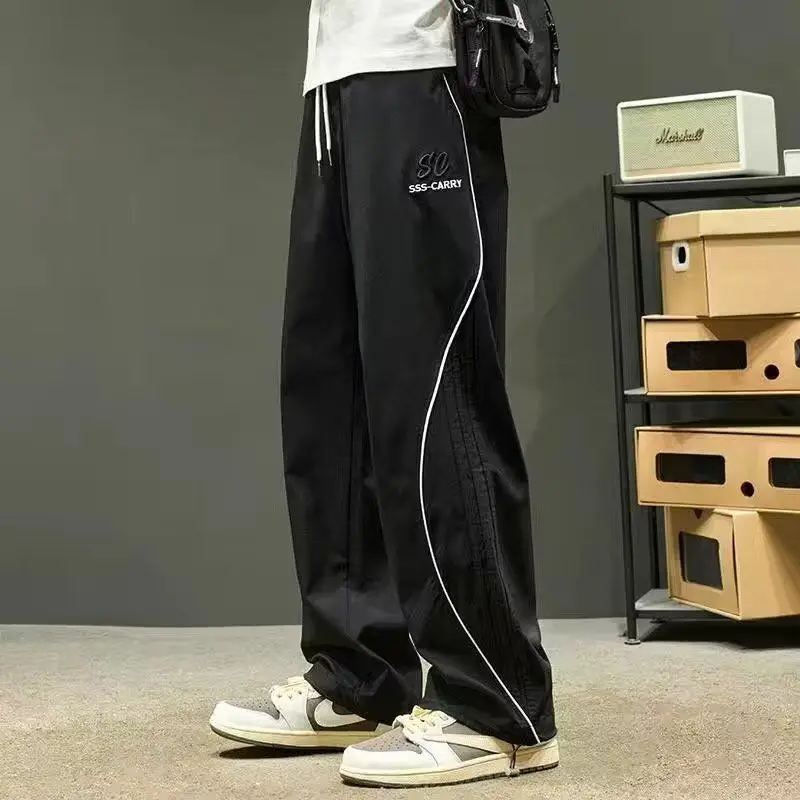 Japanese Fashion Trend Design Sense Straight Casual Pants Men Autumn Elastic Waist Drawstring Pocket Embroidered Sports Trousers
