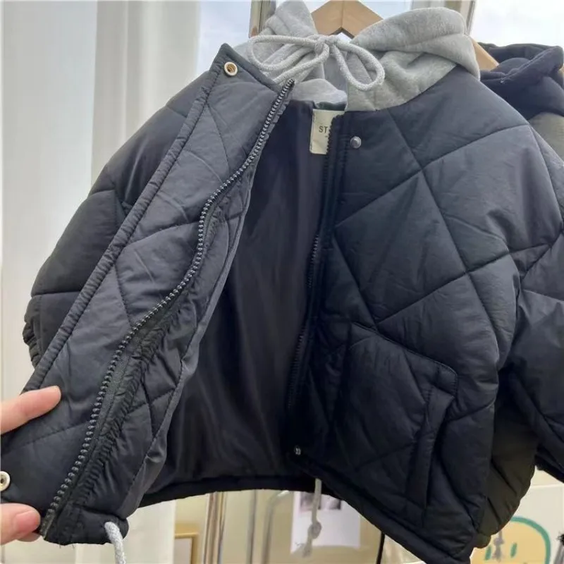 Children Cotton-padded Coat Autumn Winter New Fashionable Boys and Girls Solid Color Baby Short Pocket Warm Jacket