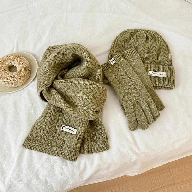 Winter Warm Knitted Hat Scarf Gloves Women's Windproof Adult Three-piece Set Scarves Solid Color Fashion Korean Hats for Women