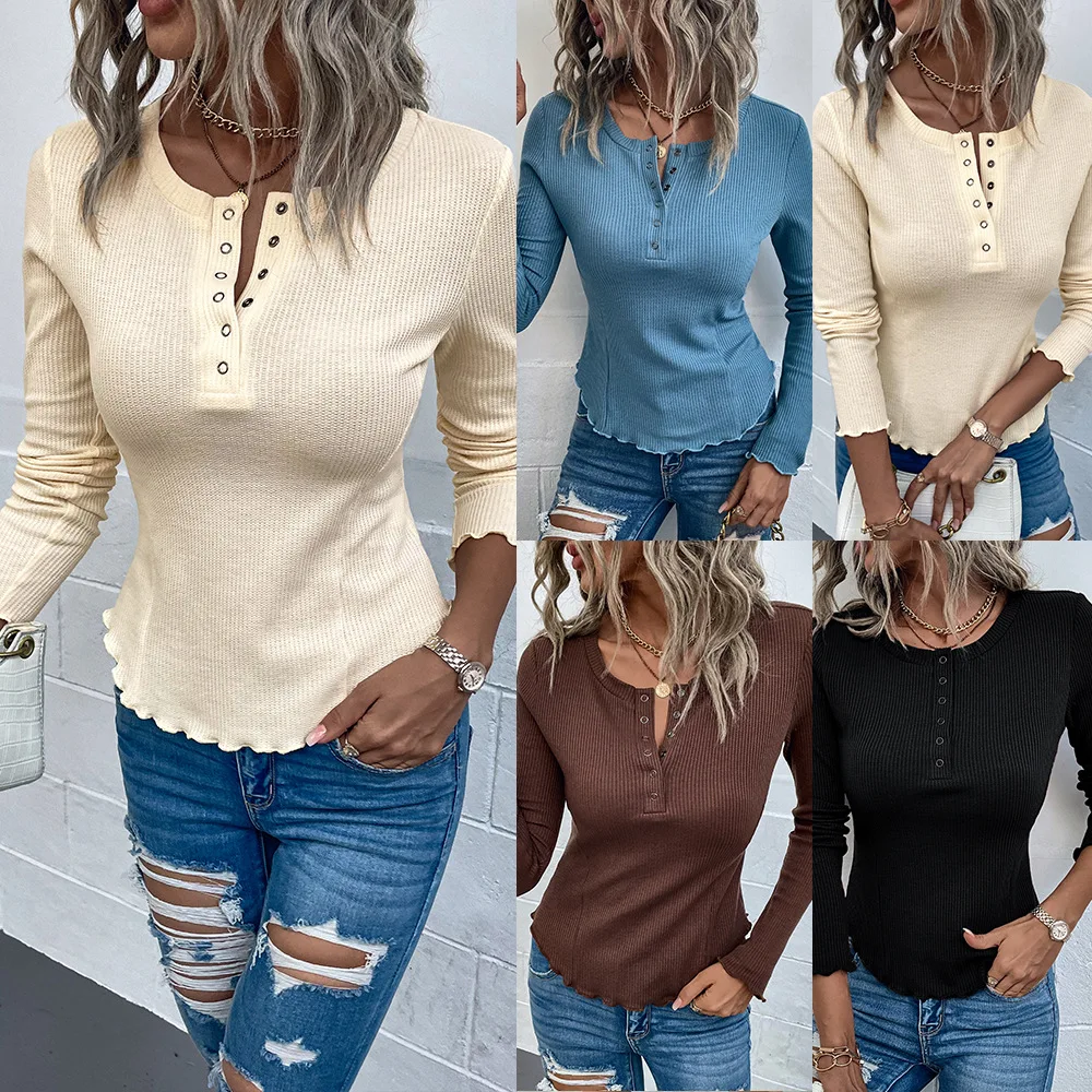 

Crewneck long-sleeved T-shirt spring and summer tight solid color top female