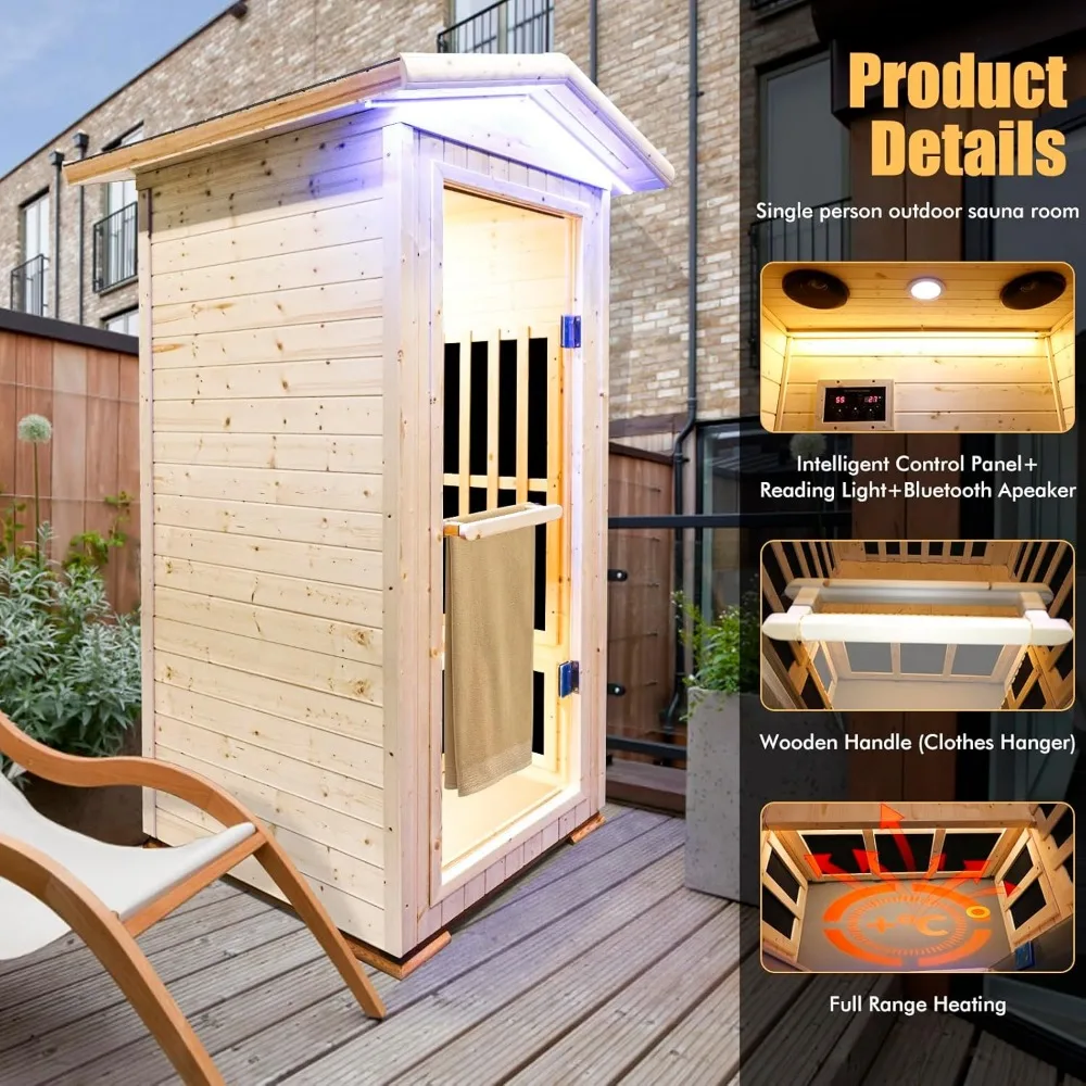 Outdoor Sauna Wooden Far Infrared Saunas Spa 1300W Low-EMF Dry Sauna Room for One Person Finland Spruce Wood 4