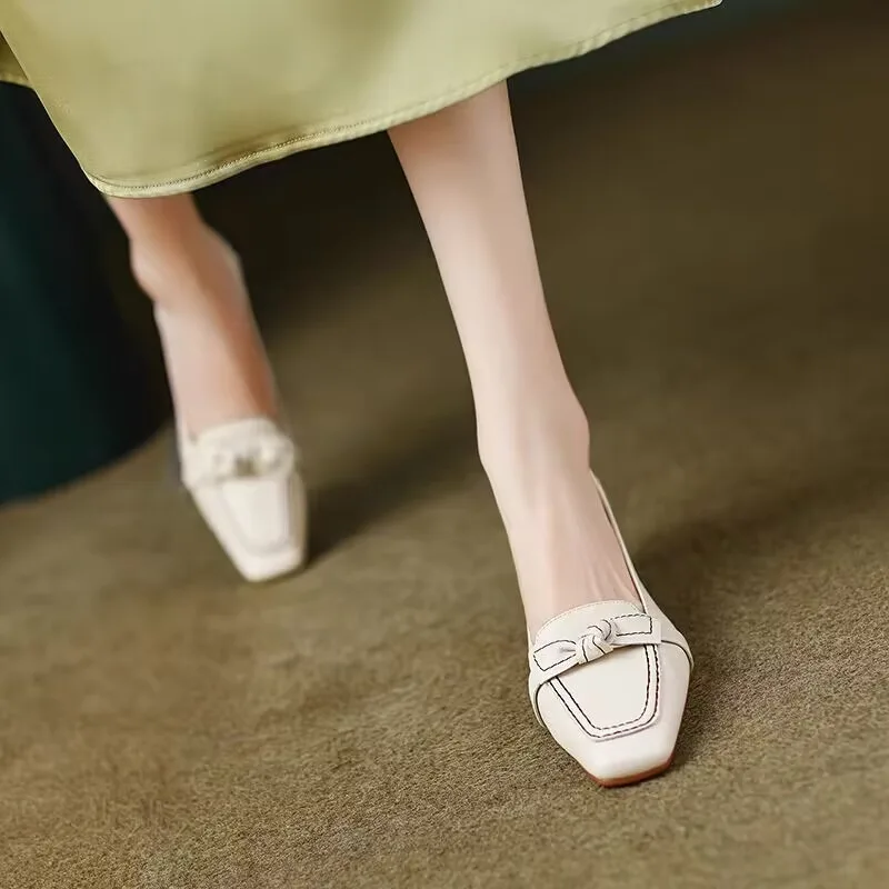 Women Retro Bowknot High Heels Spring Autumn Fashion Elegant Square Toe Stiletto Chunky Heels Pumps Party Dress Casual Shoes 2