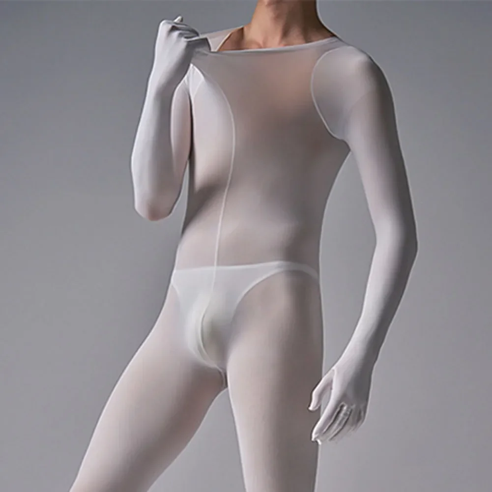Mens Long Sleeve Bodysuit Leotard Solid Color Jumpsuit Male Bulge Pouch Underwear Transparent Underpants Sleepwear Nightwear