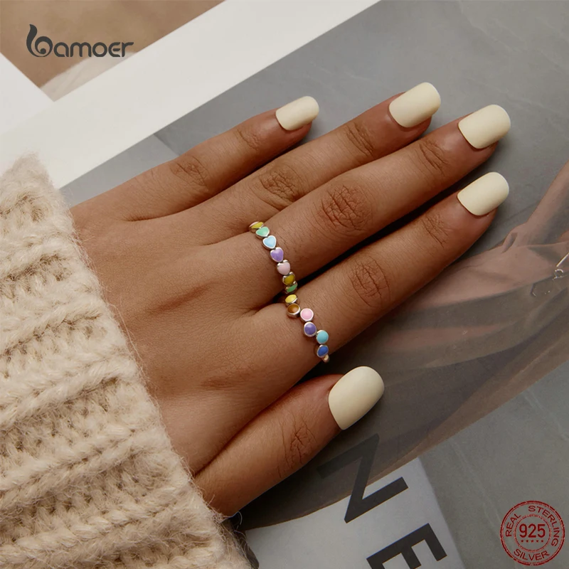 Bamoer 925 Sterling Silver Rainbow Heart Ring Colorful Zircon Ring Endless Love Fine Jewelry Lucky for Women Birthday Gift Silver Ring Silver Rings Silver Heart Ring