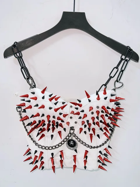 Black Chain Spikey White Cropped Top 4