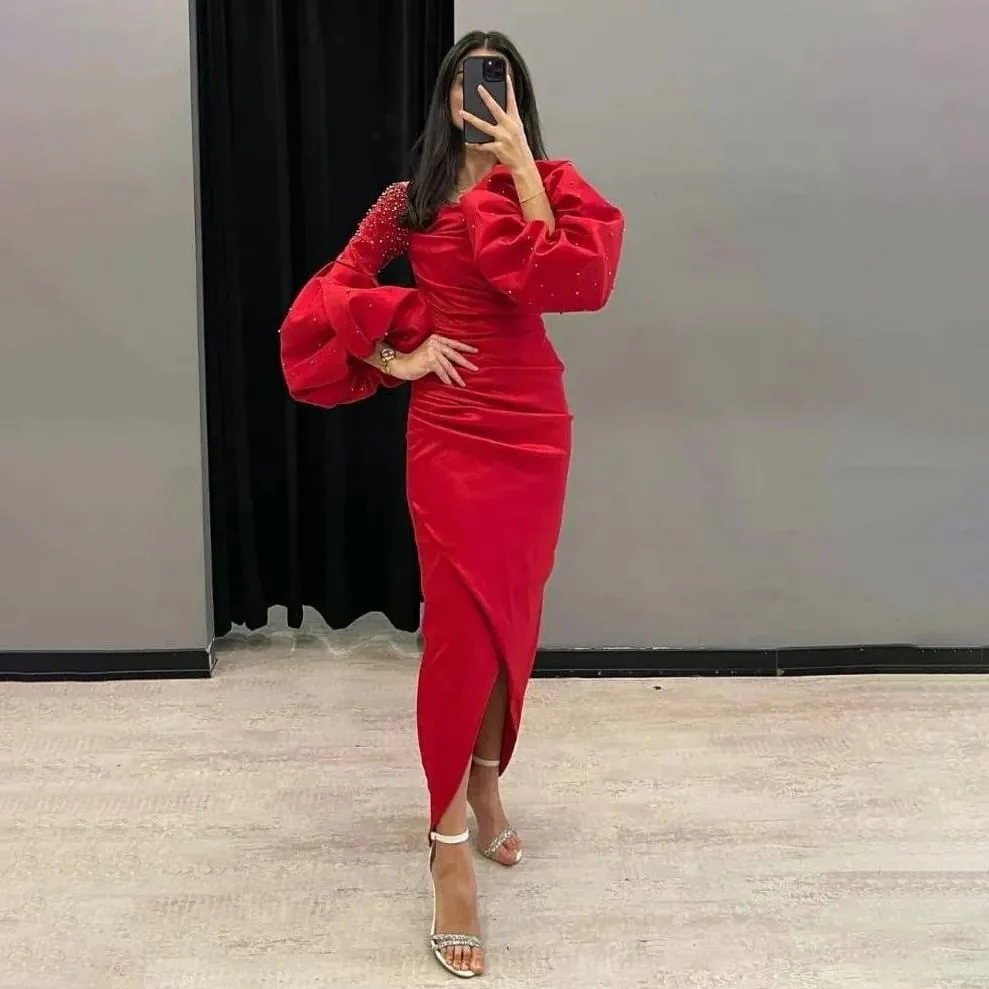 

OEING O-Neck Luxury Formal Evening Dresses Pearls Pleat Puffy Sleeves فساتين سهرة Ankle Length Elegant Prom Gowns Party Women