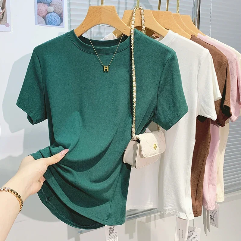 2026 New Women's 100% Cotton T-shirt Bottoming Basic Solid Lady Short Sleeve Tops Shirts Summer T Shirt 1