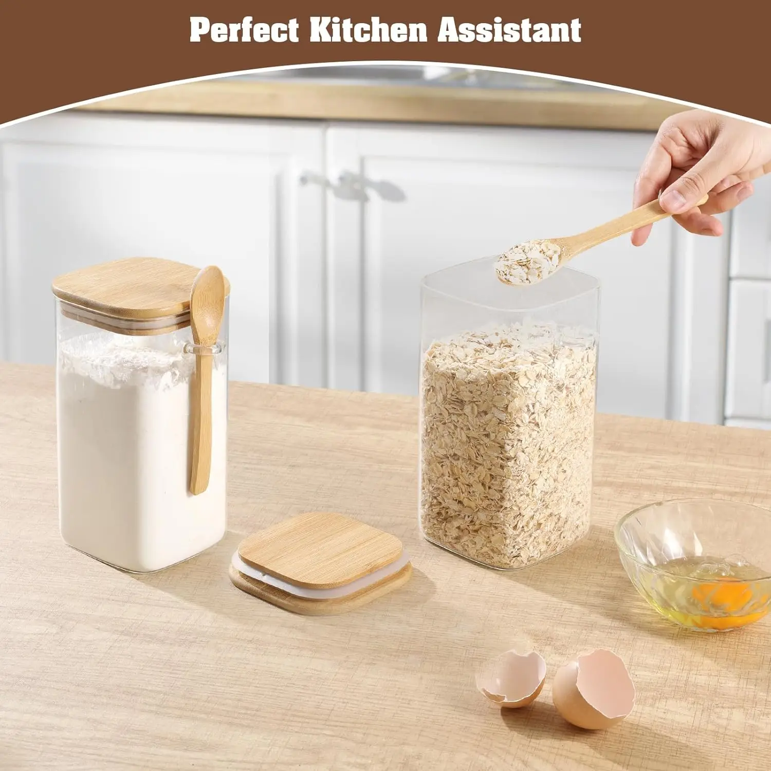 Glass Square Storage Jar with Bamboo Lids Spoon Glass Coffee Canister Food Container for Beans Pasta Candy Spice Rice Loose Tea 5