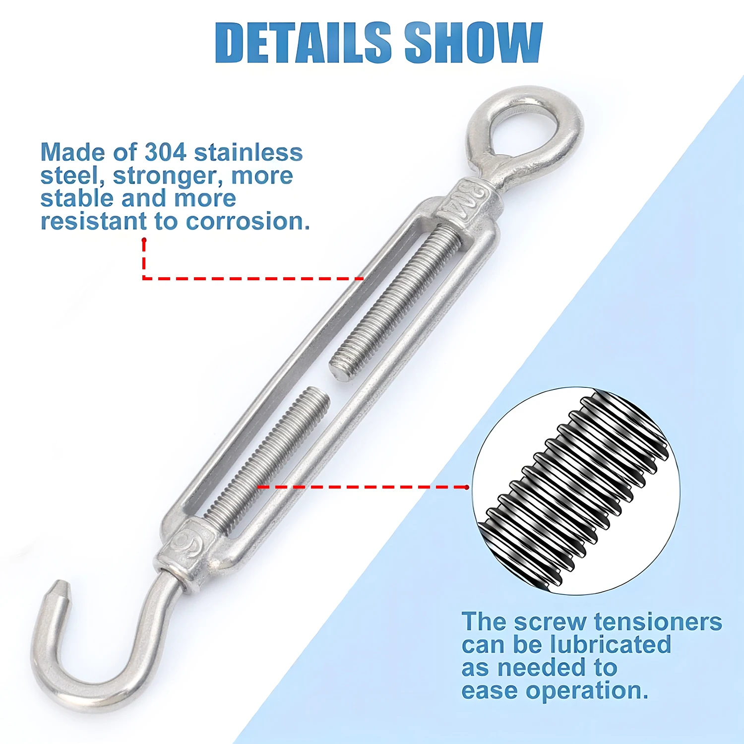 스테인리스 스틸 훅앤아이 텐셔너 OC 타입 턴버클 와이어 로프 장력 조절 세트 M4 M5 M6 M8 조절식 와이어 텐셔너