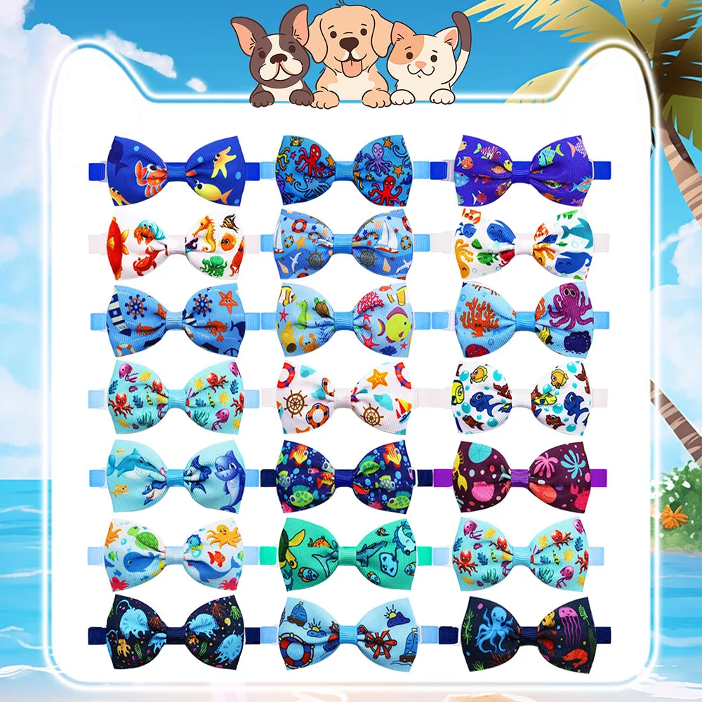 10PCS Summer New Dog Bow Tie Beach Series Handmade Adjustable Cartoon Print Pet Collars Neckties For Dog Pet Dog Accessories 4