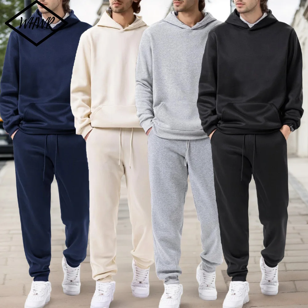 Sweat à capuche + pantalon de jogging pour hommes, couleur unie, ensemble deux pièces, à la mode, vêtements de sport décontractés en plein air, survêtement pour hommes, automne et hiver