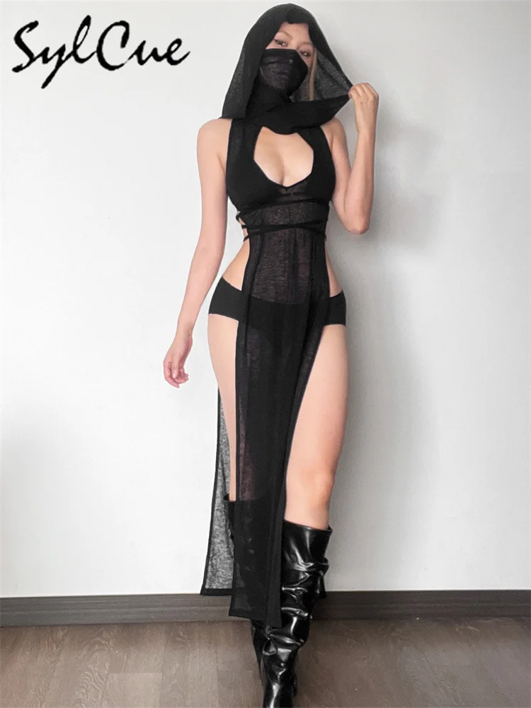 nibber 2026 Sommer High Street Reise-Cool-und-Konfident-Kleid in Schwarz, Mysteriös, Sexy, Offen, Avantgardistisch, Heiß, Cool, Damen-Kapuzenkleid – Detail 4
